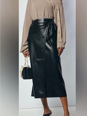NWT Mango Black Vegan Leather Wrap Midi Skirt Side Knot Pareo High Waist